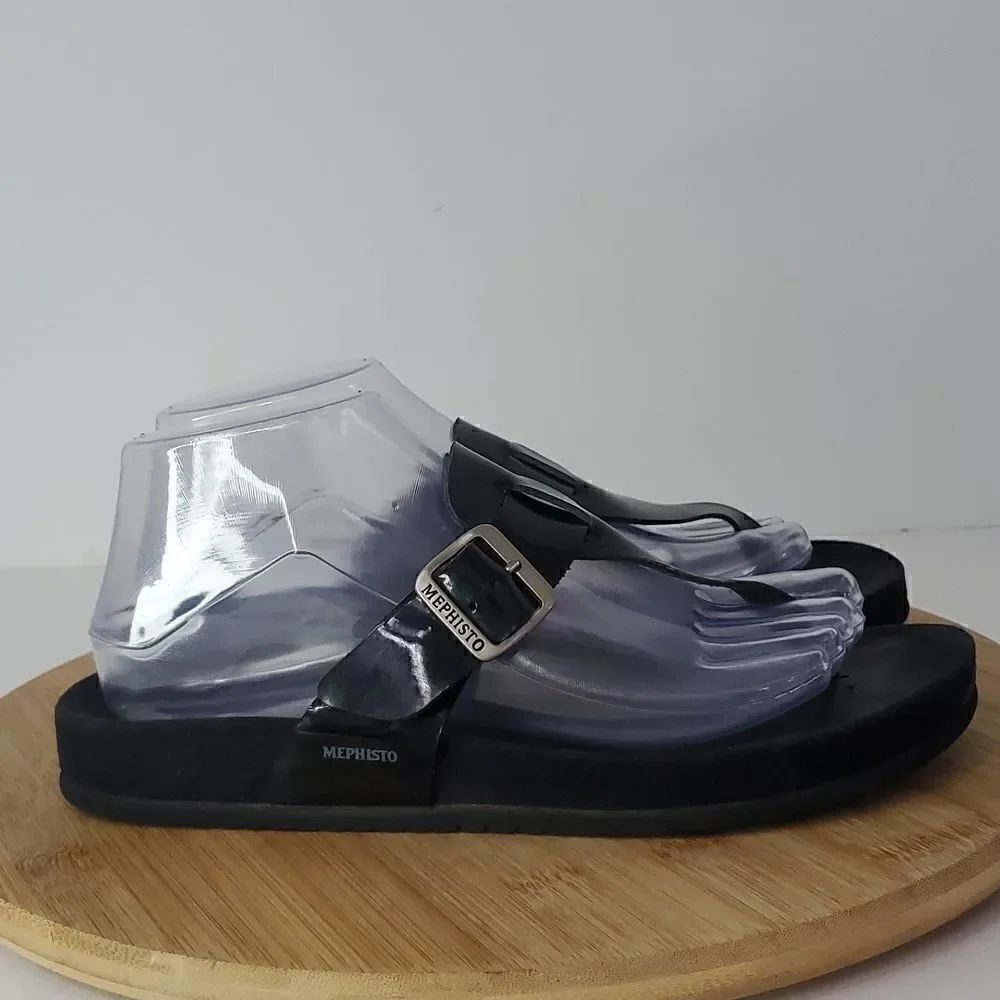 Mephisto Black Leather T-Strap Sandals Women's Size 39